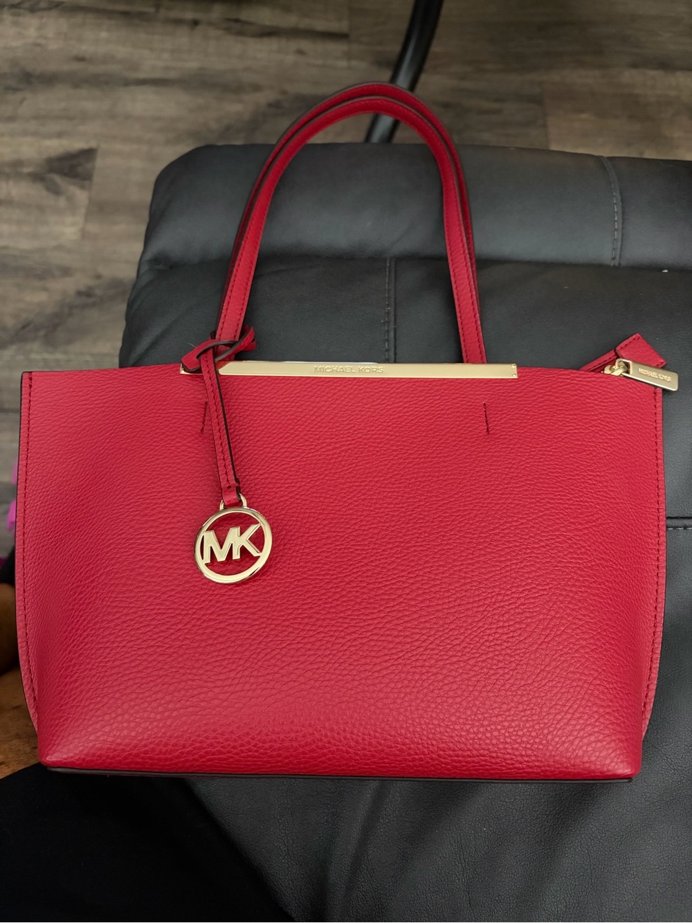 Michael Kors Red Pebbled Leather Tote with Gold MK Charm